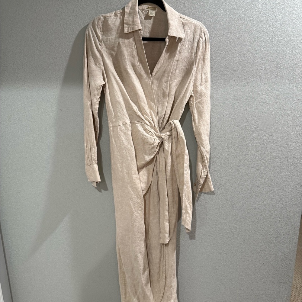 Beige Long-Sleeve Wrap Jumpsuit